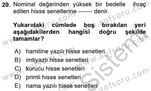 Finans Matematiği Dersi 2018 - 2019 Yılı Yaz Okulu Sınav Soruları 20. Soru