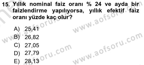 Finans Matematiği Dersi 2021 - 2022 Yılı (Vize) Ara Sınav Soruları 15. Soru