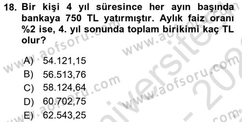 Finans Matematiği Dersi 2021 - 2022 Yılı (Vize) Ara Sınav Soruları 18. Soru