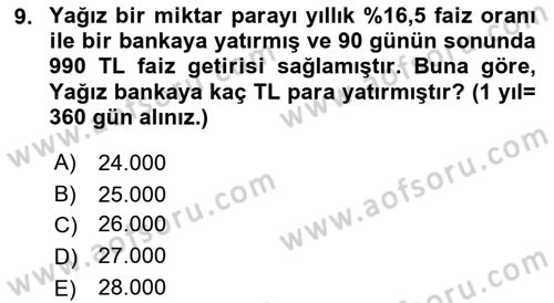 Finans Matematiği Dersi 2021 - 2022 Yılı (Vize) Ara Sınav Soruları 9. Soru