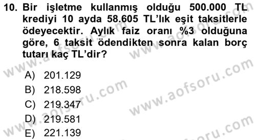 Finans Matematiği Dersi 2021 - 2022 Yılı (Final) Dönem Sonu Sınav Soruları 10. Soru