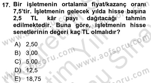 Finans Matematiği Dersi 2021 - 2022 Yılı (Final) Dönem Sonu Sınav Soruları 17. Soru