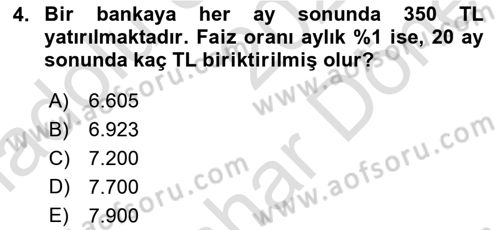 Finans Matematiği Dersi 2021 - 2022 Yılı (Final) Dönem Sonu Sınav Soruları 4. Soru