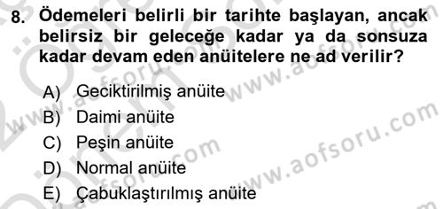 Finans Matematiği Dersi 2021 - 2022 Yılı (Final) Dönem Sonu Sınav Soruları 8. Soru