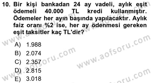 Finans Matematiği Dersi 2021 - 2022 Yılı Yaz Okulu Sınav Soruları 10. Soru