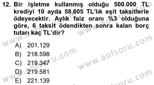 Finans Matematiği Dersi 2021 - 2022 Yılı Yaz Okulu Sınav Soruları 12. Soru