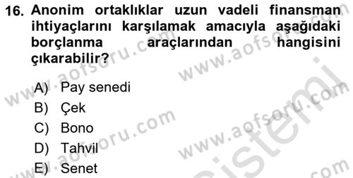 Finans Matematiği Dersi 2021 - 2022 Yılı Yaz Okulu Sınav Soruları 16. Soru