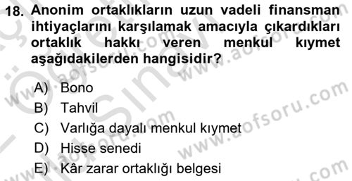 Finans Matematiği Dersi 2021 - 2022 Yılı Yaz Okulu Sınav Soruları 18. Soru