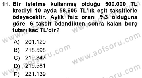 Finans Matematiği Dersi 2022 - 2023 Yılı Yaz Okulu Sınav Soruları 11. Soru
