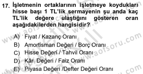 Finans Matematiği Dersi 2022 - 2023 Yılı Yaz Okulu Sınav Soruları 17. Soru