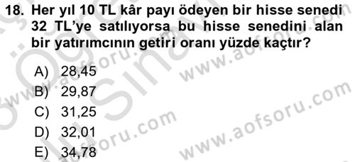 Finans Matematiği Dersi 2022 - 2023 Yılı Yaz Okulu Sınav Soruları 18. Soru