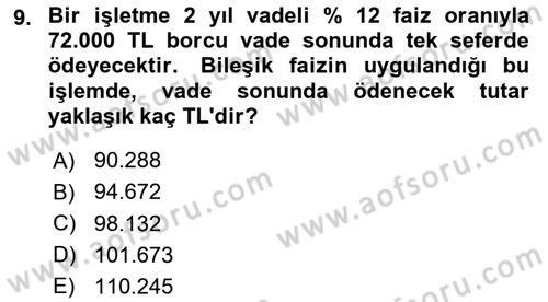 Finans Matematiği Dersi 2022 - 2023 Yılı Yaz Okulu Sınav Soruları 9. Soru