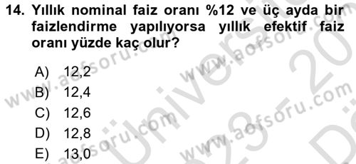 Finans Matematiği Dersi 2023 - 2024 Yılı (Vize) Ara Sınav Soruları 14. Soru