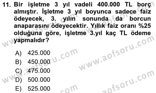 Finans Matematiği Dersi 2023 - 2024 Yılı (Final) Dönem Sonu Sınav Soruları 11. Soru