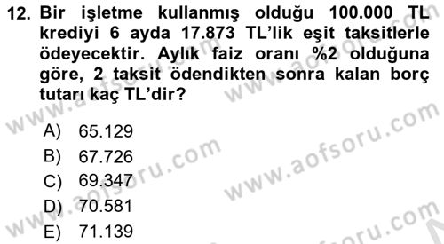 Finans Matematiği Dersi 2023 - 2024 Yılı (Final) Dönem Sonu Sınav Soruları 12. Soru
