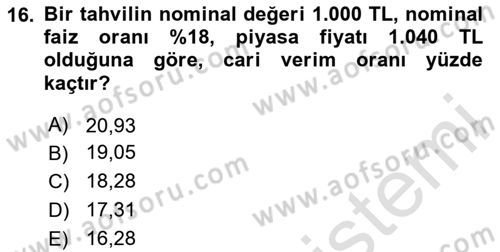 Finans Matematiği Dersi 2023 - 2024 Yılı (Final) Dönem Sonu Sınav Soruları 16. Soru
