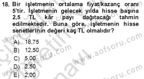 Finans Matematiği Dersi 2023 - 2024 Yılı Yaz Okulu Sınav Soruları 18. Soru