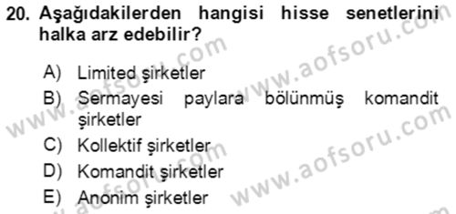 Finans Matematiği Dersi 2023 - 2024 Yılı Yaz Okulu Sınav Soruları 20. Soru