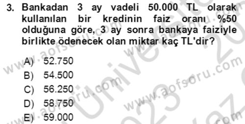 Finans Matematiği Dersi 2023 - 2024 Yılı Yaz Okulu Sınav Soruları 3. Soru