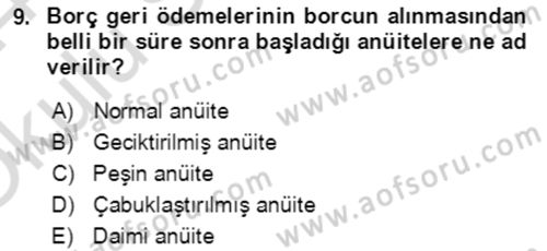 Finans Matematiği Dersi 2023 - 2024 Yılı Yaz Okulu Sınav Soruları 9. Soru