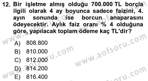 Finans Matematiği Dersi 2024 - 2025 Yılı Yaz Okulu Sınav Soruları 12. Soru