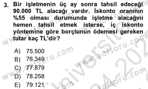 Finans Matematiği Dersi 2024 - 2025 Yılı Yaz Okulu Sınav Soruları 3. Soru