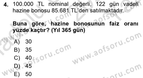 Finans Matematiği Dersi 2024 - 2025 Yılı Yaz Okulu Sınav Soruları 4. Soru