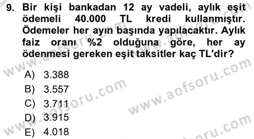 Finans Matematiği Dersi 2024 - 2025 Yılı Yaz Okulu Sınav Soruları 9. Soru