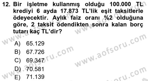 Finans Matematiği Dersi 2025 - 2026 Yılı (Final) Dönem Sonu Sınav Soruları 12. Soru