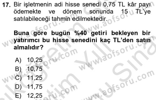 Finans Matematiği Dersi 2025 - 2026 Yılı (Final) Dönem Sonu Sınav Soruları 17. Soru