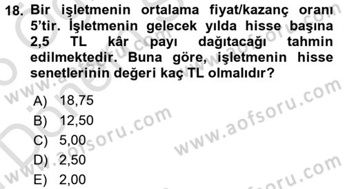 Finans Matematiği Dersi 2025 - 2026 Yılı (Final) Dönem Sonu Sınav Soruları 18. Soru