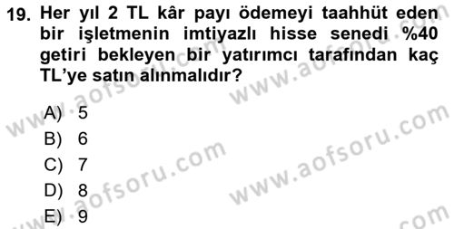 Finans Matematiği Dersi 2025 - 2026 Yılı (Final) Dönem Sonu Sınav Soruları 19. Soru