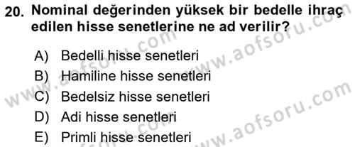 Finans Matematiği Dersi 2025 - 2026 Yılı (Final) Dönem Sonu Sınav Soruları 20. Soru