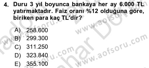 Finans Matematiği Dersi 2025 - 2026 Yılı (Final) Dönem Sonu Sınav Soruları 4. Soru