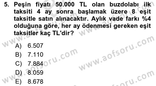 Finans Matematiği Dersi 2025 - 2026 Yılı (Final) Dönem Sonu Sınav Soruları 5. Soru