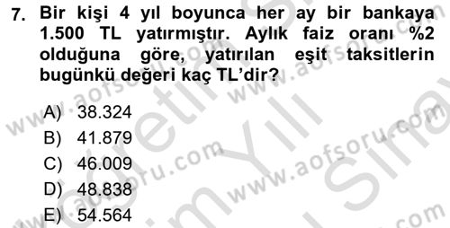 Finans Matematiği Dersi 2025 - 2026 Yılı (Final) Dönem Sonu Sınav Soruları 7. Soru