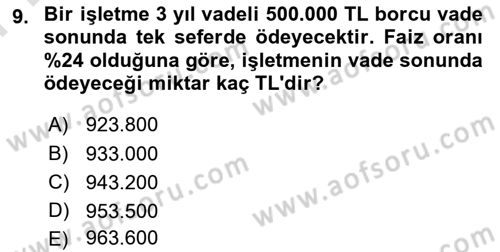Finans Matematiği Dersi 2025 - 2026 Yılı (Final) Dönem Sonu Sınav Soruları 9. Soru