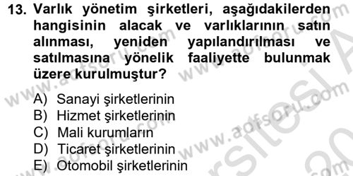 Finansal Kurumlar Dersi 2013 - 2014 Yılı Tek Ders Sınav Soruları 13. Soru