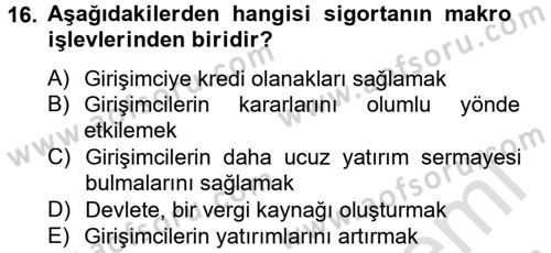 Finansal Kurumlar Dersi 2013 - 2014 Yılı Tek Ders Sınav Soruları 16. Soru