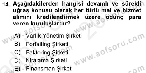 Finansal Kurumlar Dersi 2017 - 2018 Yılı 3 Ders Sınavı 14. Soru