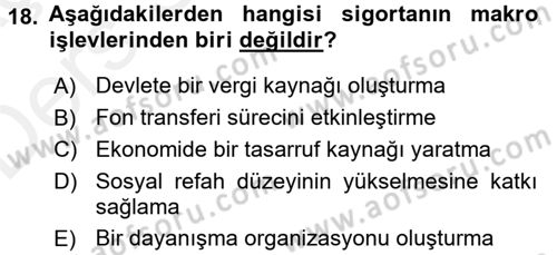 Finansal Kurumlar Dersi 2017 - 2018 Yılı 3 Ders Sınavı 18. Soru