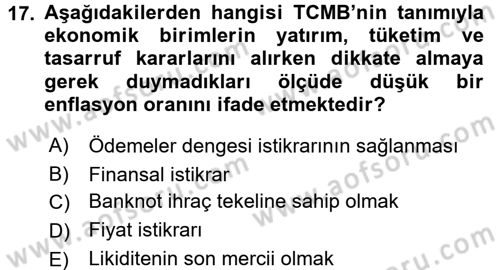 Finansal Kurumlar Dersi 2017 - 2018 Yılı (Vize) Ara Sınavı 17. Soru