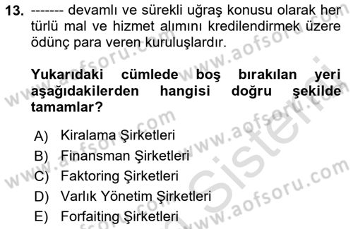 Finansal Kurumlar Dersi 2018 - 2019 Yılı 3 Ders Sınavı 13. Soru