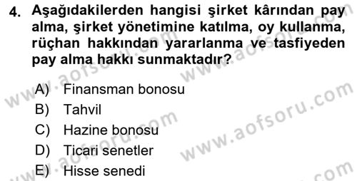 Finansal Kurumlar Dersi 2018 - 2019 Yılı 3 Ders Sınavı 4. Soru