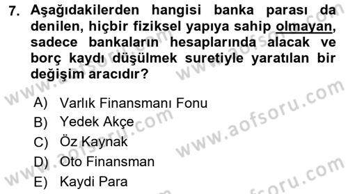 Finansal Kurumlar Dersi 2018 - 2019 Yılı 3 Ders Sınavı 7. Soru