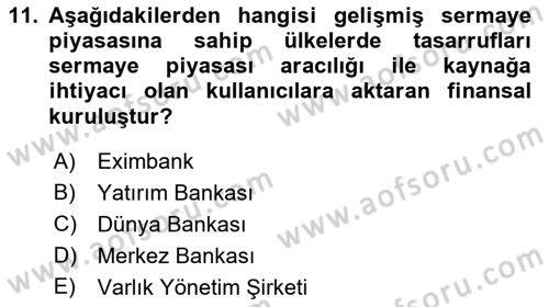 Finansal Kurumlar Dersi 2018 - 2019 Yılı (Final) Dönem Sonu Sınav Soruları 11. Soru