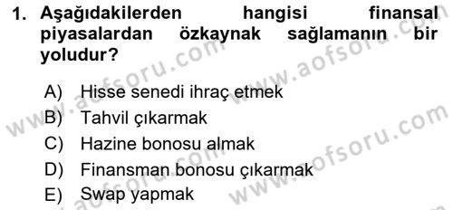 Finansal Kurumlar Dersi 2021 - 2022 Yılı (Vize) Ara Sınavı 1. Soru