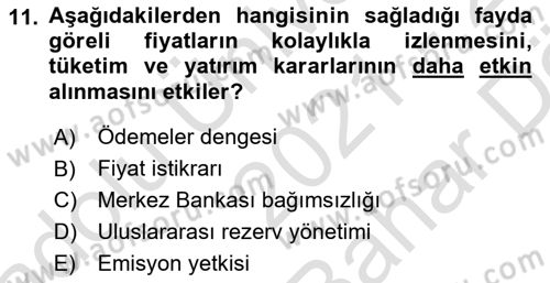 Finansal Kurumlar Dersi 2021 - 2022 Yılı (Vize) Ara Sınavı 11. Soru