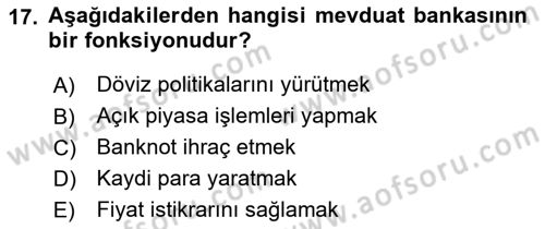 Finansal Kurumlar Dersi 2021 - 2022 Yılı (Vize) Ara Sınavı 17. Soru