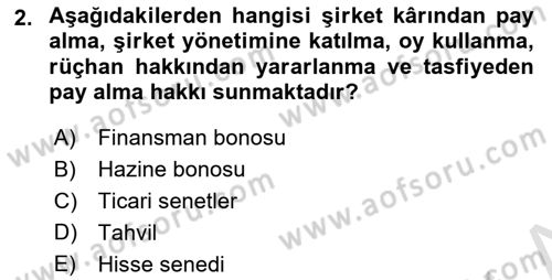 Finansal Kurumlar Dersi 2021 - 2022 Yılı (Vize) Ara Sınavı 2. Soru